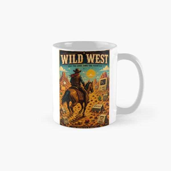 Item preview, Cowboy Programmer – Wild West Rider Crossing a Desert of Pixels and Computer Icons Retro Western Vector Artwork designed and sold by PenchalaPrabhas.