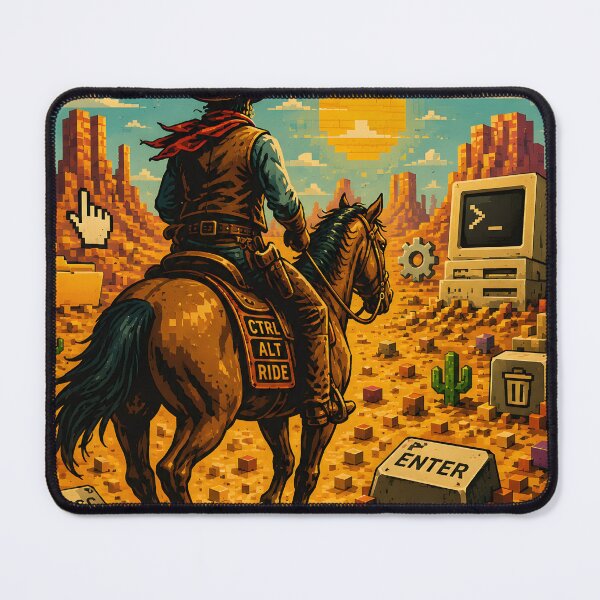 Item preview, Cowboy Programmer – Wild West Rider Crossing a Desert of Pixels and Computer Icons Retro Western Vector Artwork designed and sold by PenchalaPrabhas.