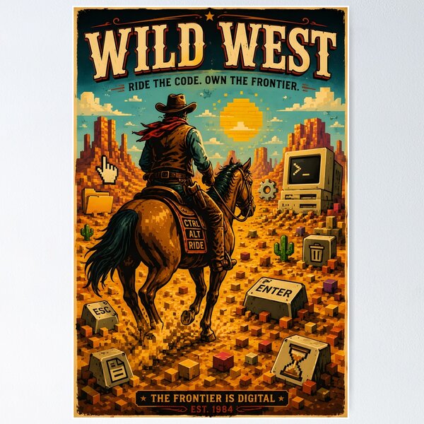 Item preview, Cowboy Programmer – Wild West Rider Crossing a Desert of Pixels and Computer Icons Retro Western Vector Artwork designed and sold by PenchalaPrabhas.
