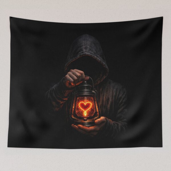 Item preview, Heart Lantern – Hooded Shadow Holding a Glowing Fiery Heart designed and sold by Timeless Junction.