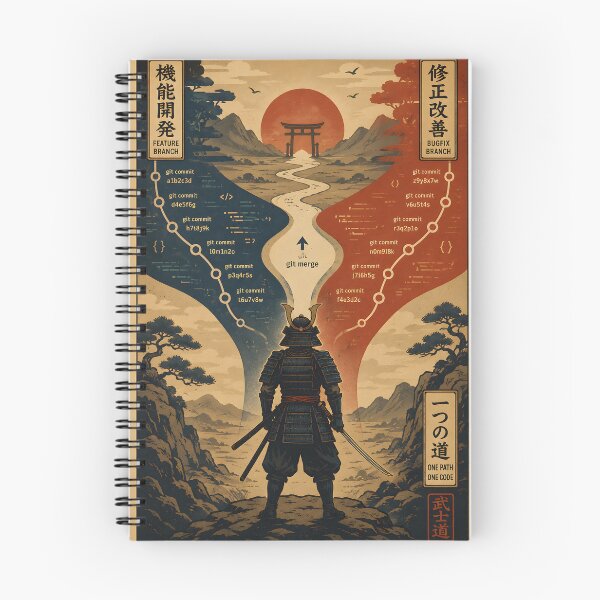 Item preview, Samurai Standing Between Two Giant Code Branches Merging into One Path Japanese Vintage Poster Aesthetic Clean Vector Illustration designed and sold by PenchalaPrabhas.