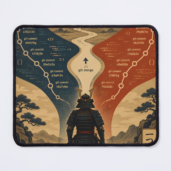 Item preview, Samurai Standing Between Two Giant Code Branches Merging into One Path Japanese Vintage Poster Aesthetic Clean Vector Illustration designed and sold by PenchalaPrabhas.