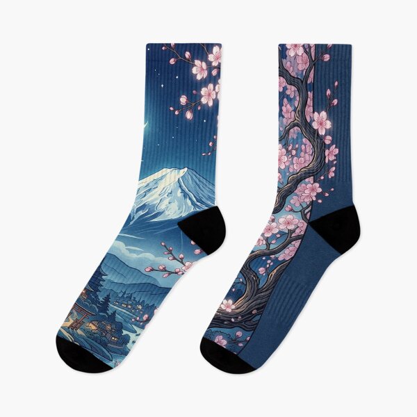 Item preview, Night View of Mount Fuji and Sakura - Wa-Modern Japanese Village Art designed and sold by Hikariha Studio.