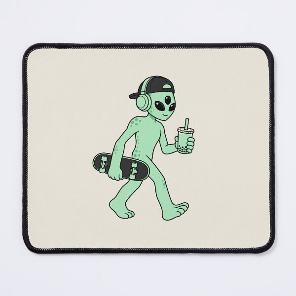Item preview, Mint Green Alien Wearing Headphones and Backward Cap with Skateboard and Boba Tea Design designed and sold by American Spirit.