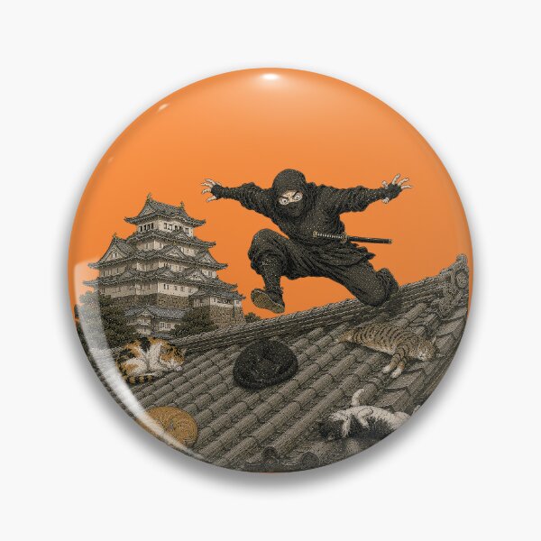 Item preview, Ninja Leaping Over Sleeping Cats on Himeji Castle Roof – Funny Japanese Art Print | TSUKIYO-NEKO designed and sold by Aguri-tei.