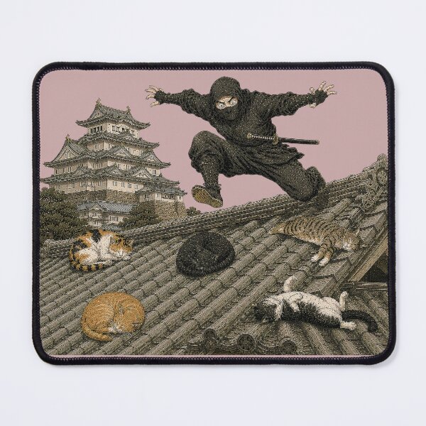 Item preview, Ninja Leaping Over Sleeping Cats on Himeji Castle Roof – Funny Japanese Art Print | TSUKIYO-NEKO designed and sold by Aguri-tei.