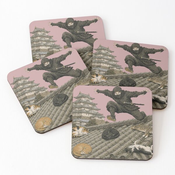 Item preview, Ninja Leaping Over Sleeping Cats on Himeji Castle Roof – Funny Japanese Art Print | TSUKIYO-NEKO designed and sold by Aguri-tei.