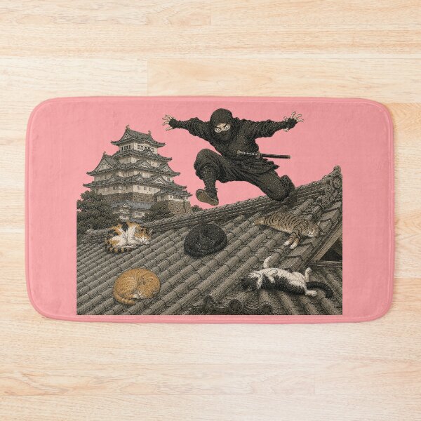 Item preview, Ninja Leaping Over Sleeping Cats on Himeji Castle Roof – Funny Japanese Art Print | TSUKIYO-NEKO designed and sold by Aguri-tei.