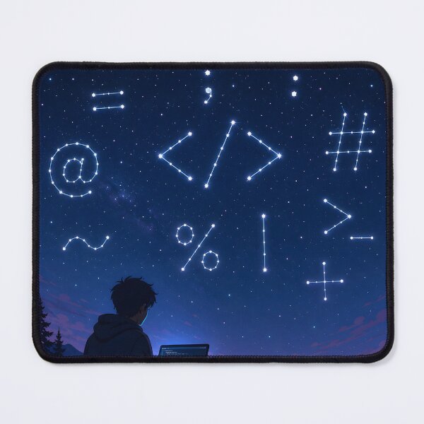 Item preview, : Night Sky Filled with Constellations Shaped Like Coding Symbols, Laptop Glowing Beneath the Stars, Artistic Vector Artwork designed and sold by PenchalaPrabhas.