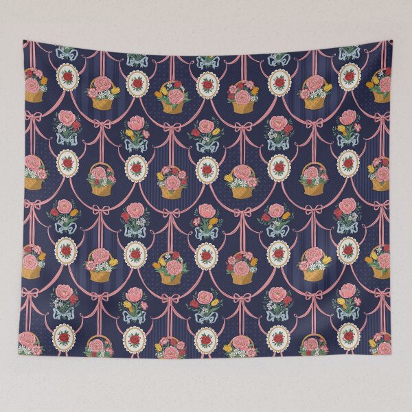 Item preview, Victorian Cottagecore Floral Bouquets and Baskets with Ribbons - Navy Blue designed and sold by vaner-vaner.