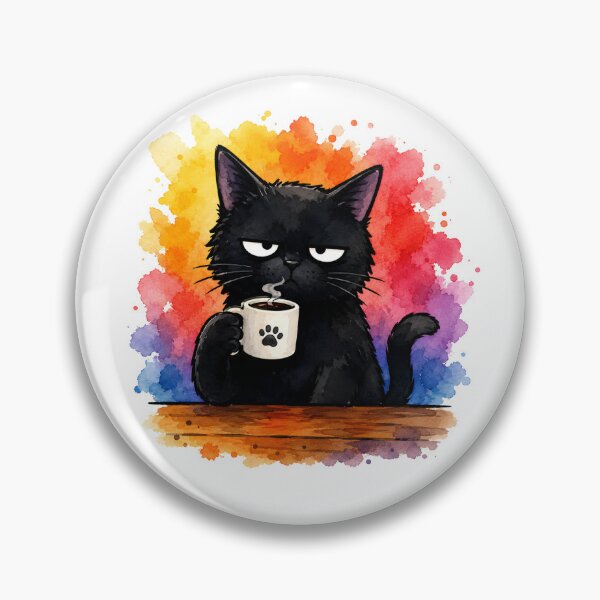 Item preview, Grumpy Black Cat Drinking Coffee - Colorful Watercolor Cat Art designed and sold by alphaimagens.
