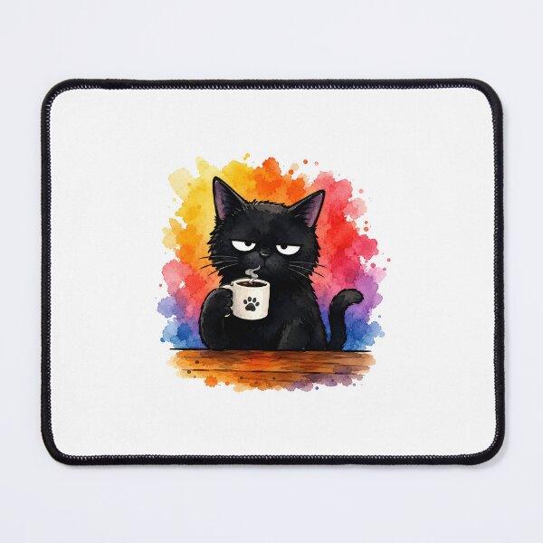 Item preview, Grumpy Black Cat Drinking Coffee - Colorful Watercolor Cat Art designed and sold by alphaimagens.