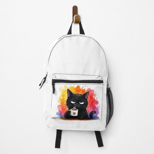 Item preview, Grumpy Black Cat Drinking Coffee - Colorful Watercolor Cat Art designed and sold by alphaimagens.