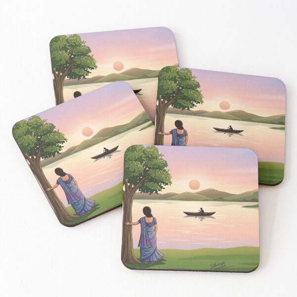 Artikelvorschau, Sonnenuntergang in den Backwaters von Kerala – Illustration im traditionellen indischen Stil entworfen und verkauft von Artgirldhanya.
