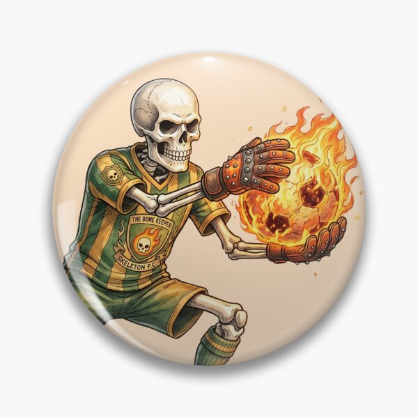 Item preview, Vintage Skeleton Goalkeeper Catching Flaming Soccer Ball Art designed and sold by BreezifyDesignStudio.