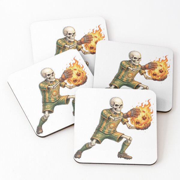 Item preview, Vintage Skeleton Goalkeeper Catching Flaming Soccer Ball Art designed and sold by BreezifyDesignStudio.