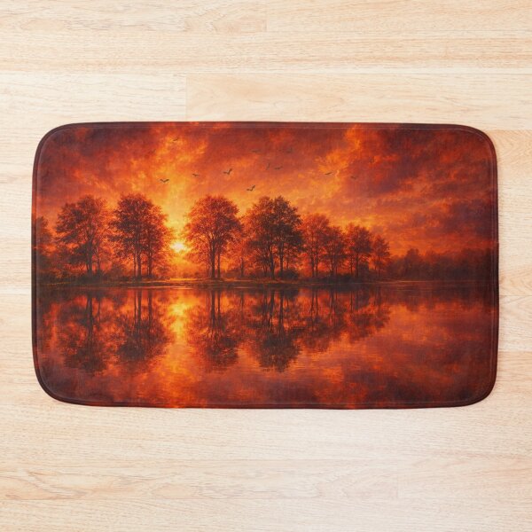 Item preview, Fiery Crimson Red Sunset Lake Reflection Landscape Art designed and sold by Joey Santiago.