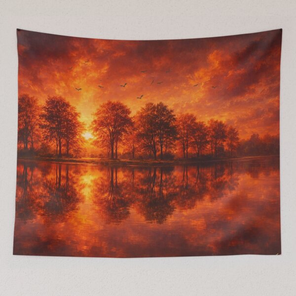 Item preview, Fiery Crimson Red Sunset Lake Reflection Landscape Art designed and sold by Joey Santiago.