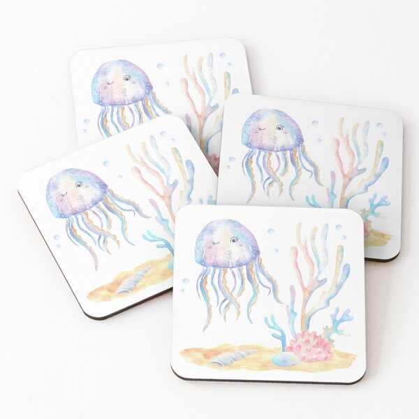 Item preview, Little smiling jellyfish floating over coral and shells designed and sold by ElenaValeto.
