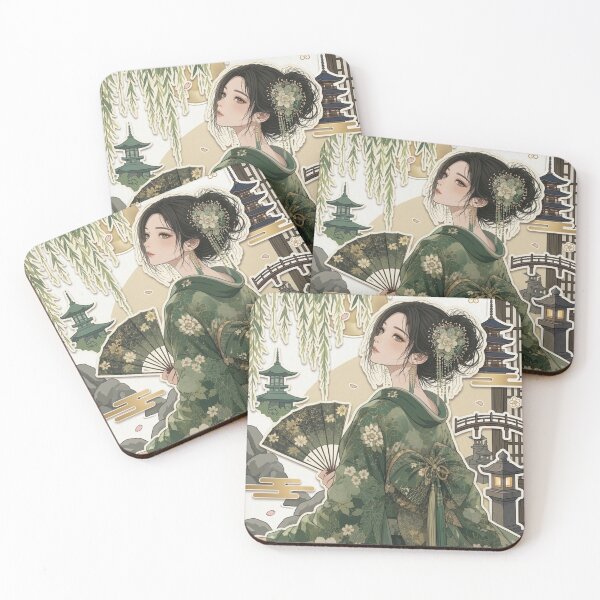 Item preview, Green Kimono Lady - kawaii version designed and sold by Japanese Vibes.