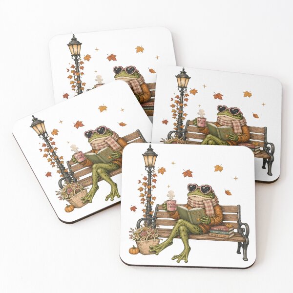 Item preview, Cozy Autumn Frog Reading Book on Bench Fall Aesthetic designed and sold by BeataPrint.