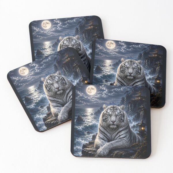 Item preview, Moonlit Sea Guardian | White Tiger Fantasy Art | Ocean Moonlight Landscape designed and sold by ManJiangHong.