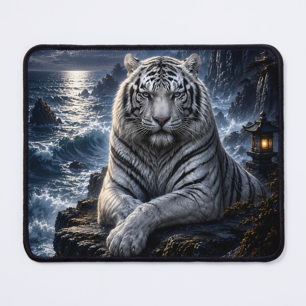 Item preview, Moonlit Sea Guardian | White Tiger Fantasy Art | Ocean Moonlight Landscape designed and sold by ManJiangHong.