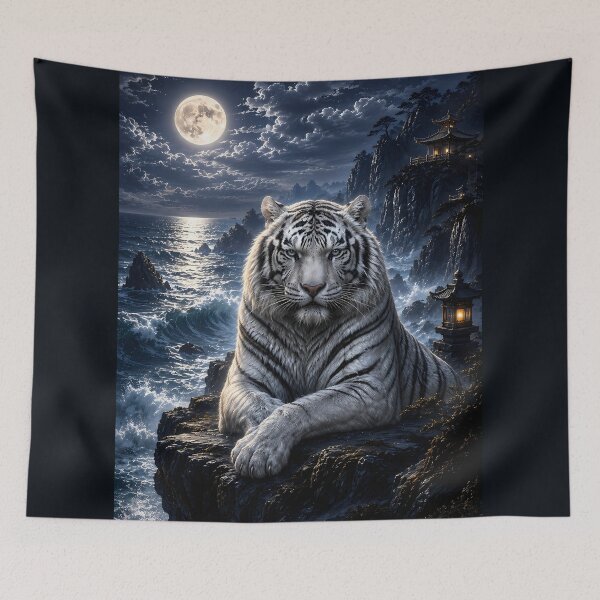 Item preview, Moonlit Sea Guardian | White Tiger Fantasy Art | Ocean Moonlight Landscape designed and sold by ManJiangHong.
