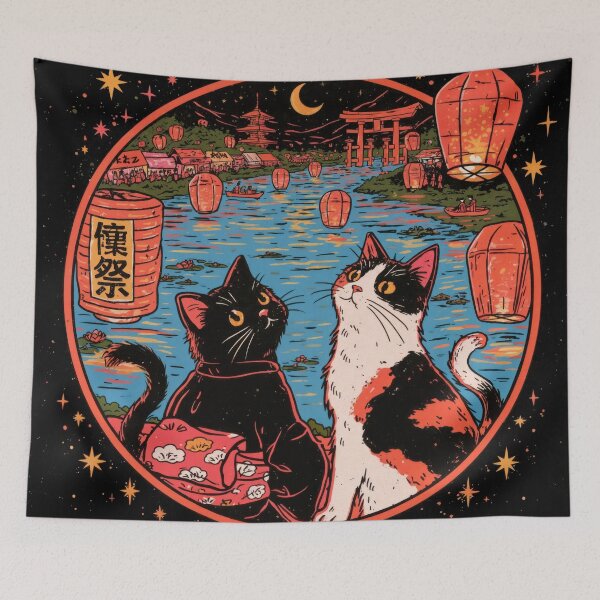 Item preview, Wall Art - Postcard - Lantern Cats: Festival by the River designed and sold by ForeverPrintsOK.