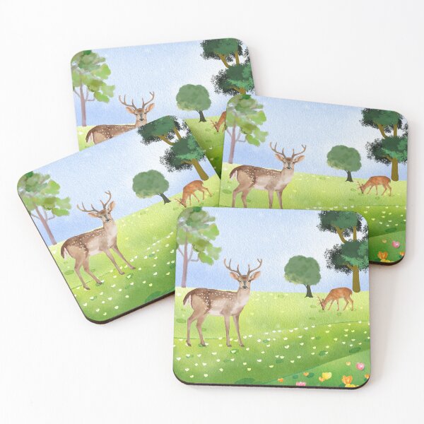 Item preview, Deer in Tulip Meadow – Watercolor Woodland Spring Landscape designed and sold by UllassaStore.