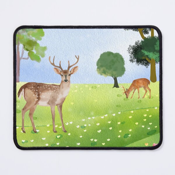 Item preview, Deer in Tulip Meadow – Watercolor Woodland Spring Landscape designed and sold by UllassaStore.