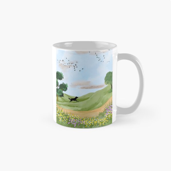 Item preview, Running Black Dog in Spring Meadow – Watercolor Countryside Landscape designed and sold by UllassaStore.