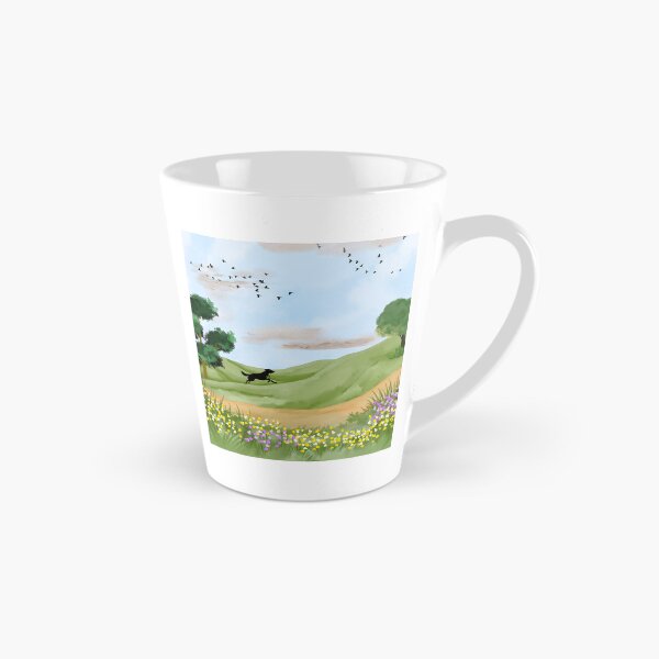 Item preview, Running Black Dog in Spring Meadow – Watercolor Countryside Landscape designed and sold by UllassaStore.