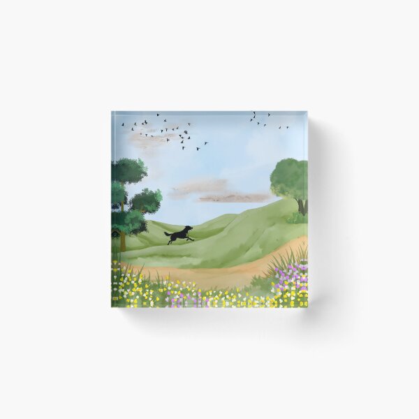 Item preview, Running Black Dog in Spring Meadow – Watercolor Countryside Landscape designed and sold by UllassaStore.