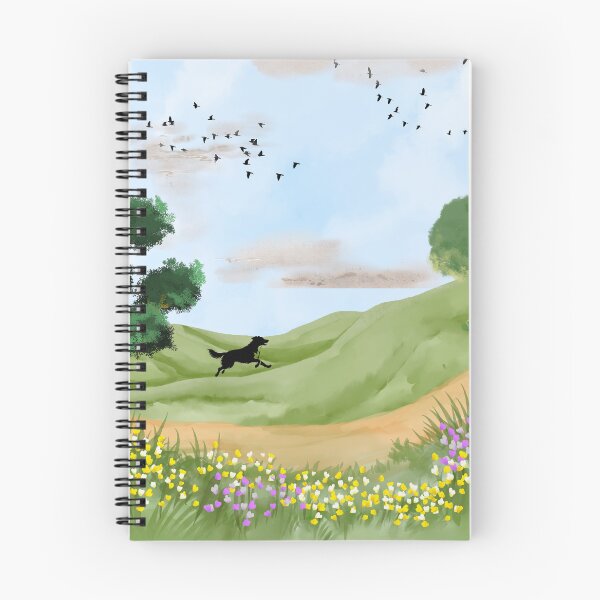 Item preview, Running Black Dog in Spring Meadow – Watercolor Countryside Landscape designed and sold by UllassaStore.