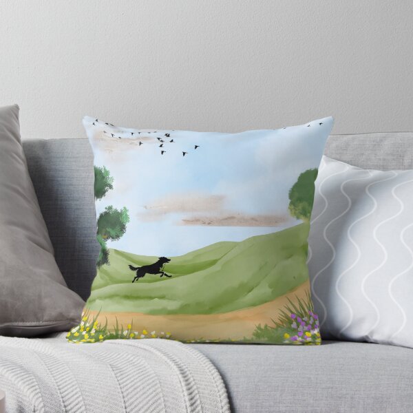Item preview, Running Black Dog in Spring Meadow – Watercolor Countryside Landscape designed and sold by UllassaStore.