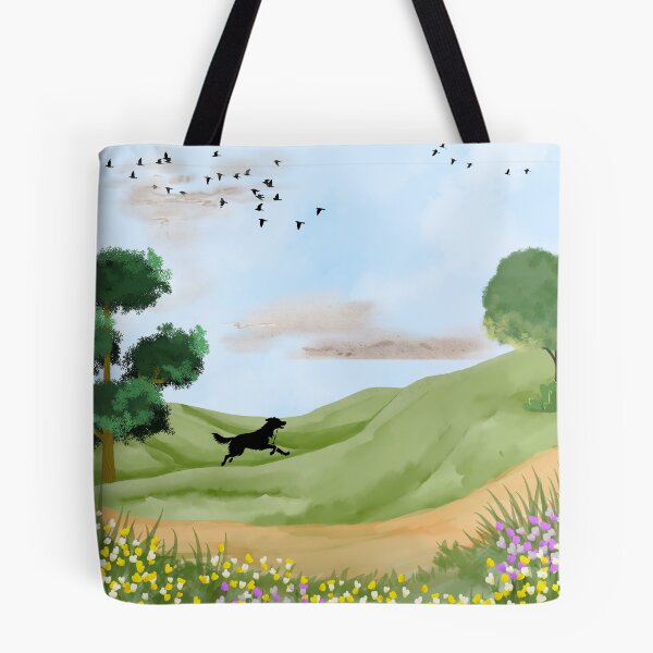 Item preview, Running Black Dog in Spring Meadow – Watercolor Countryside Landscape designed and sold by UllassaStore.