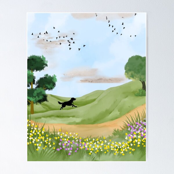Item preview, Running Black Dog in Spring Meadow – Watercolor Countryside Landscape designed and sold by UllassaStore.