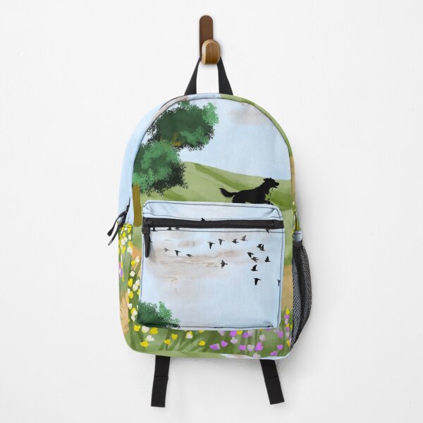 Item preview, Running Black Dog in Spring Meadow – Watercolor Countryside Landscape designed and sold by UllassaStore.