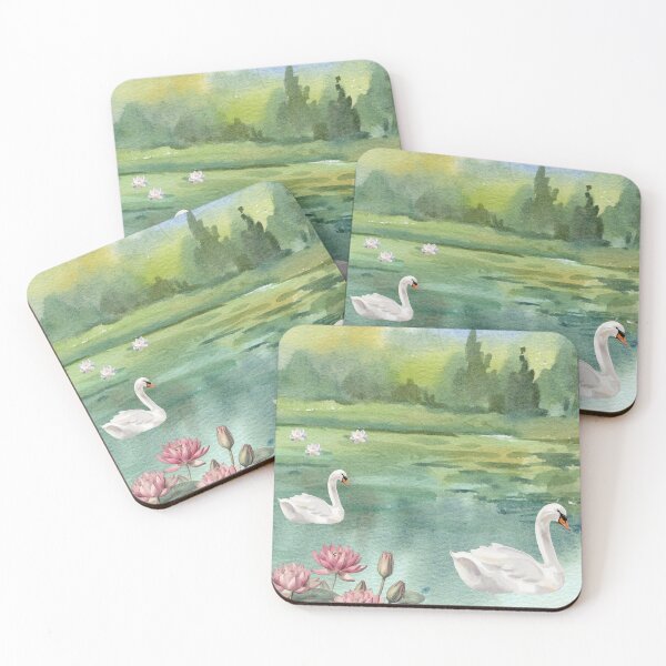 Item preview, Vintage Watercolor Swans and Water Lilies Pond Art designed and sold by UllassaStore.