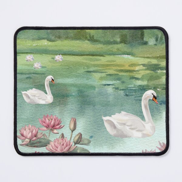 Item preview, Vintage Watercolor Swans and Water Lilies Pond Art designed and sold by UllassaStore.