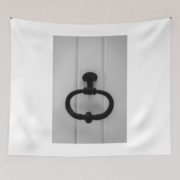 Item preview, Vintage Black Iron Door Knocker On White Paneled Door, Antique Entrance Detail designed and sold by Nmallia.