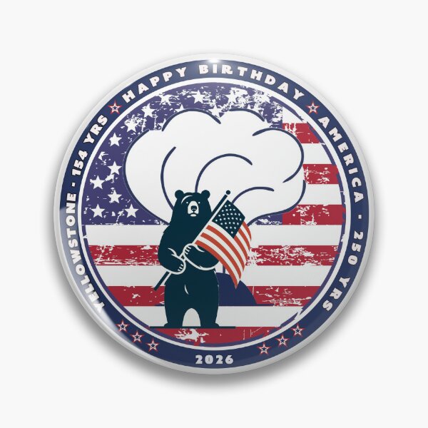 Item preview, Bear waiving flag in front of Old Faithful to celebrate America turning 250 and Yellowstone turning 154 designed and sold by SmyrnaBuffalo.