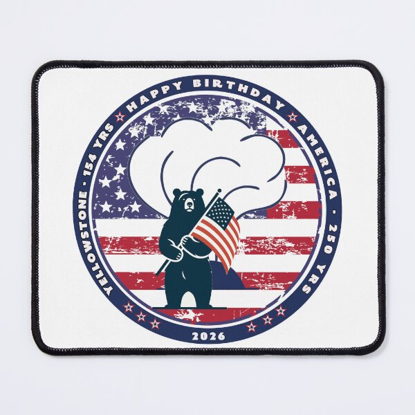 Item preview, Bear waiving flag in front of Old Faithful to celebrate America turning 250 and Yellowstone turning 154 designed and sold by SmyrnaBuffalo.