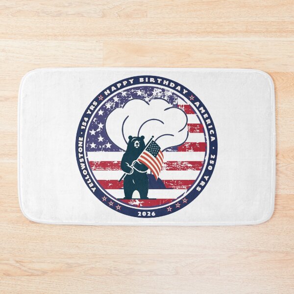 Item preview, Bear waiving flag in front of Old Faithful to celebrate America turning 250 and Yellowstone turning 154 designed and sold by SmyrnaBuffalo.