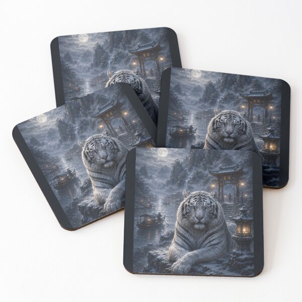 Item preview, Moonlit Harbor Guardian | White Tiger Fantasy Art | Lantern Harbor Landscape designed and sold by ManJiangHong.