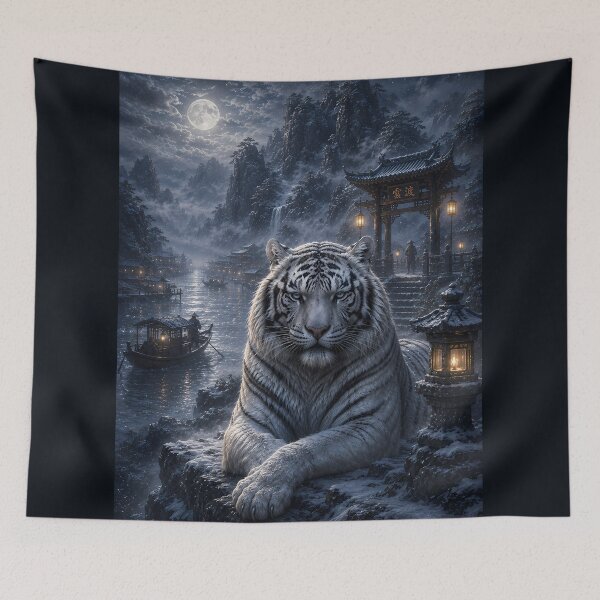 Item preview, Moonlit Harbor Guardian | White Tiger Fantasy Art | Lantern Harbor Landscape designed and sold by ManJiangHong.