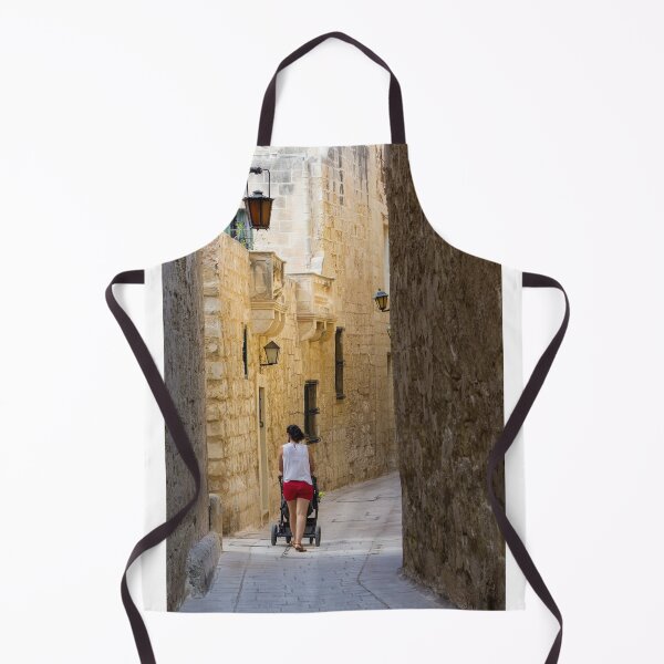 Item preview, Woman Pushing Stroller Through Narrow Historic Stone Alley in Old Town on Sunny Day designed and sold by Nmallia.