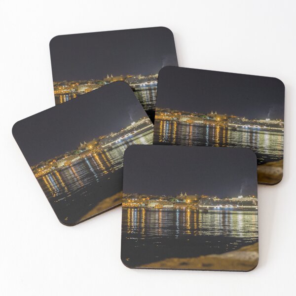 Item preview, Illuminated Cruise Ship Docked at Historic Harbor With Night Reflections and City Lights designed and sold by Nmallia.