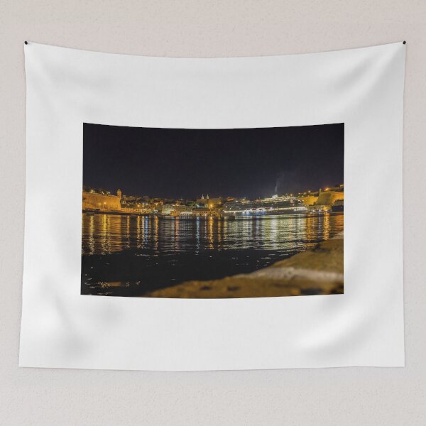 Item preview, Illuminated Cruise Ship Docked at Historic Harbor With Night Reflections and City Lights designed and sold by Nmallia.